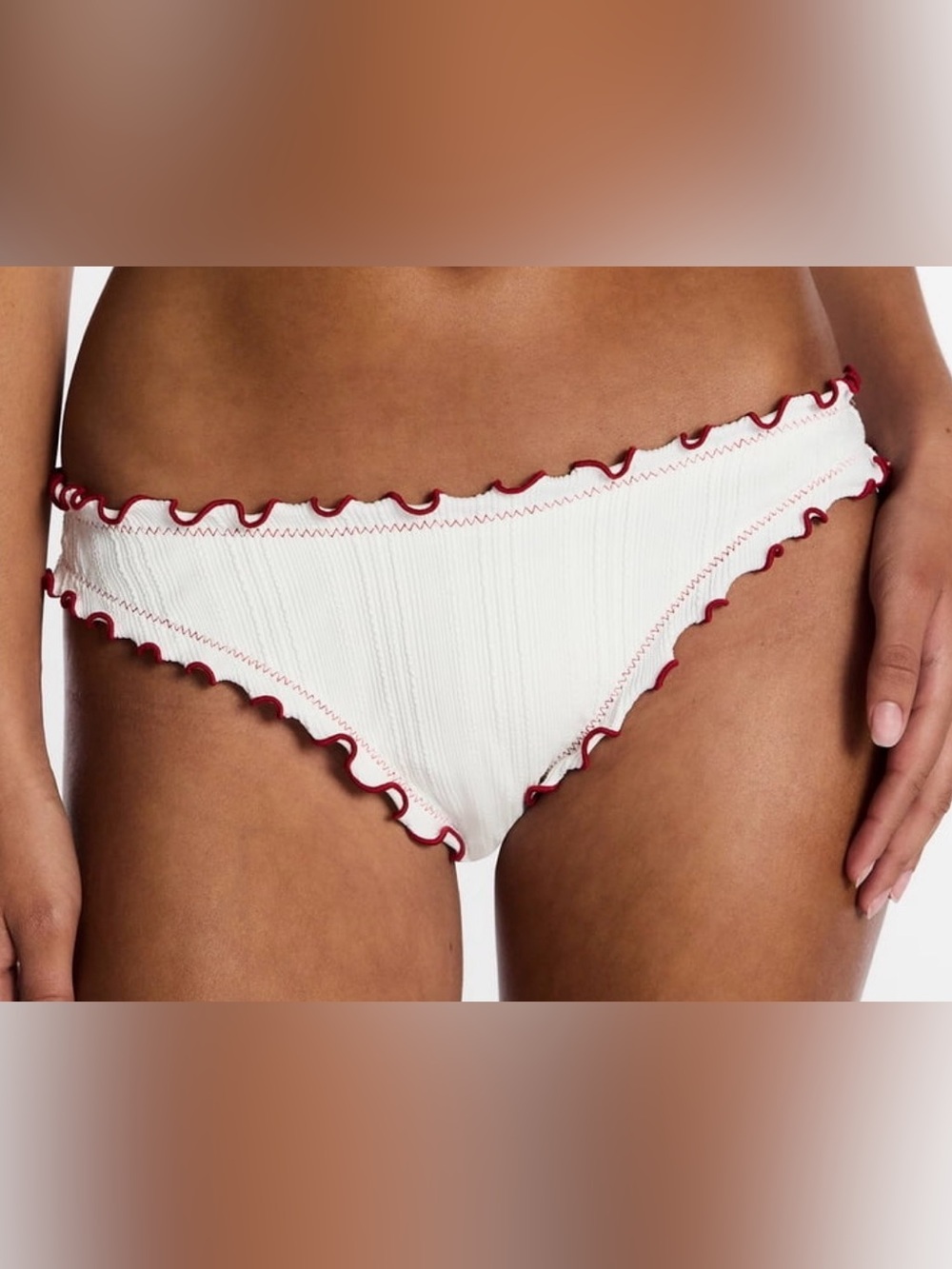 Kacey Lee White Ribbed Bikini W/Red Ruffle Trim